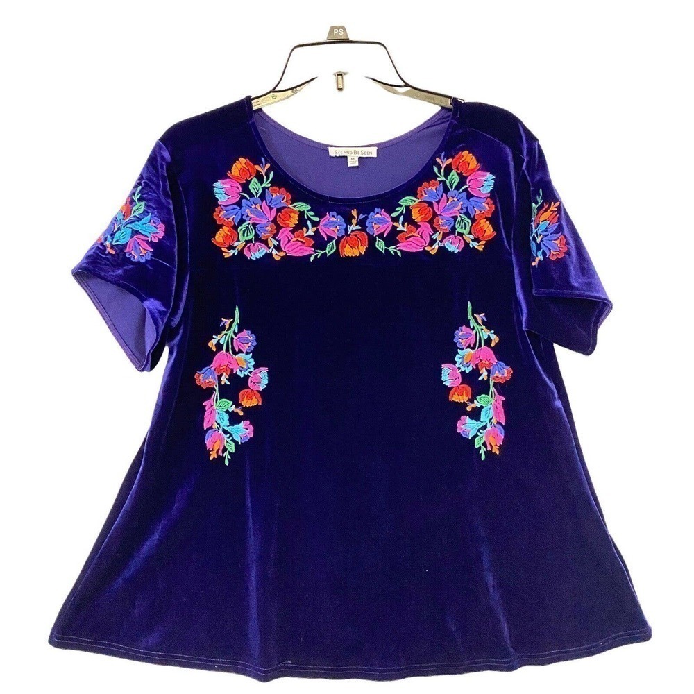 See‎ And Be Seen Blouse Purple Floral Embroidery Boho-Chic Size Medium